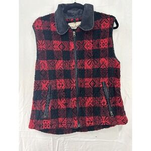 Woolrich Fleece Vest Buffalo Check Women's‎ Sz M Collar Zip Red Black Outerwear